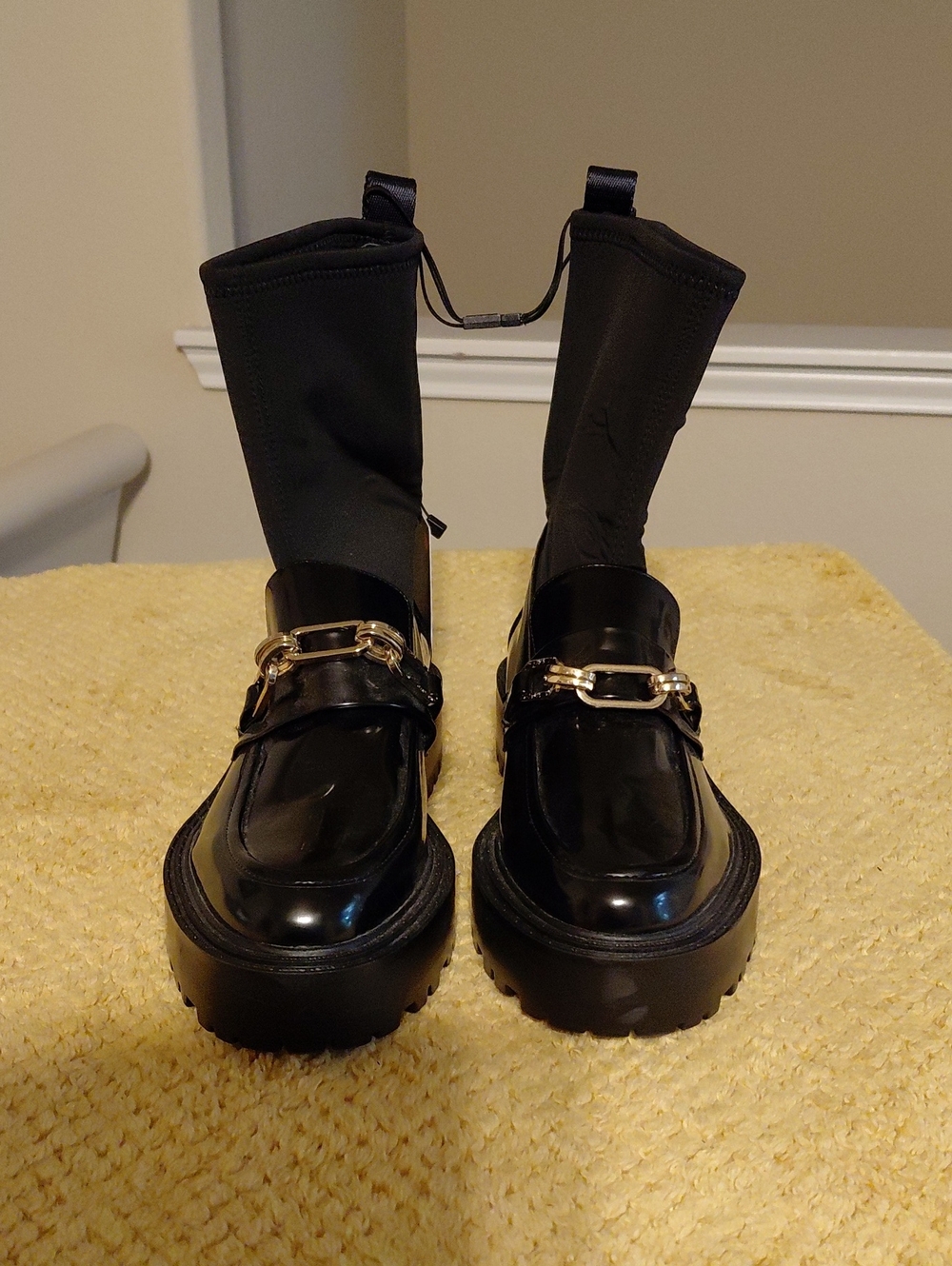 Black Women's Platform Loafer Boots with Gold Chain Accent
